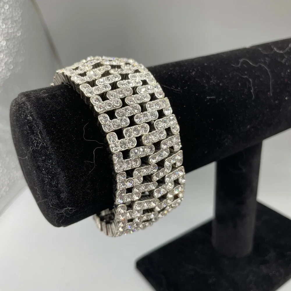 Vintage Silver Tone Clear Rhinestone 5 Row Interlocking Stretch Cuff Bracelet